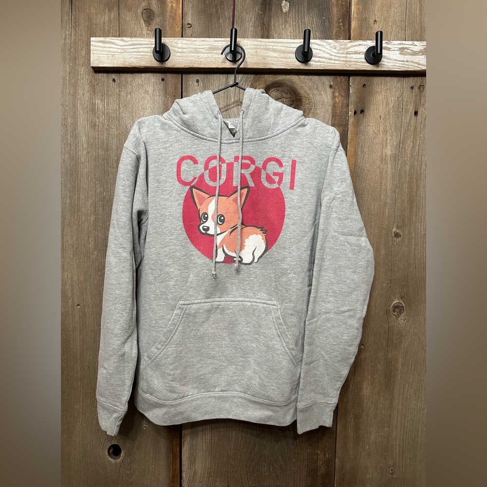 Delta Fleece Graphic Corgi Dog Sweatshirt Hoodie in Heathered Gray Size Medium